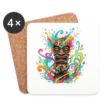 Masque Tiki dans une explosion de couleur - Dessous de verre (lot de 4) - blanc - Devant