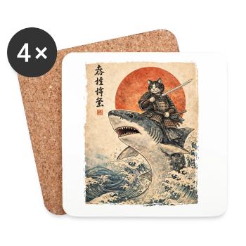 Samurai Cat Riding Shark Japanese Ukiyoe - Coasters (set of 4) - white - Front