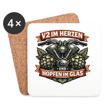 V2 im Herzen Hopfen im Glas Biker Spruch - Untersetzer (4er-Set) - Weiß - Vorne