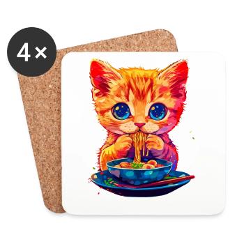 Cute cat motif with noodles - Coasters (set of 4) - white - Front