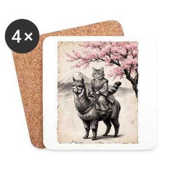 Katze reitet Lama - Untersetzer (4er-Set) - Weiß - Vorne