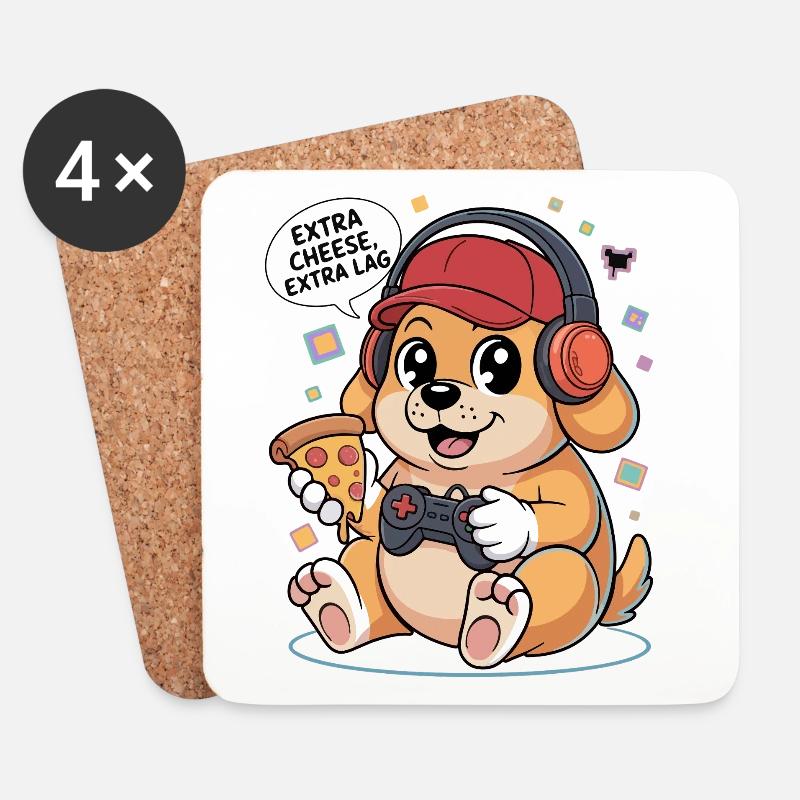 Gaming Hund mit Pizza - Untersetzer (4er-Set) - Weiß