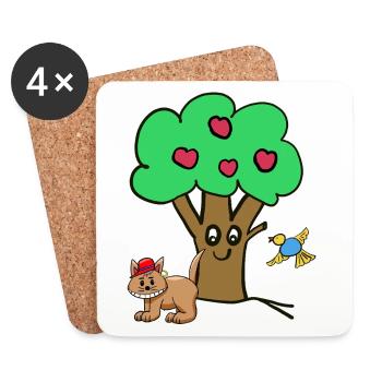 Pommier Chat Oiseau Enfants Jardin Nature - Dessous de verre (lot de 4) - blanc - Devant