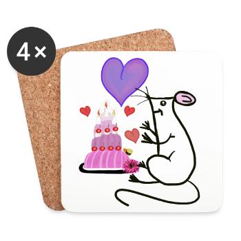 Mouse with Cake Heart Birthday Child - Coasters (set of 4) - white - Front