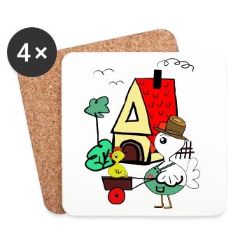 Colorful bird in front of A-house farm scene - Coasters (set of 4) - white - Front