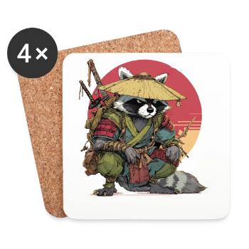 Raccoon Samurai with Straw Hat - Coasters (set of 4) - white - Front