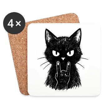 Chat noir grunge rock – signe cornes du diable - Dessous de verre (lot de 4) - blanc - Devant