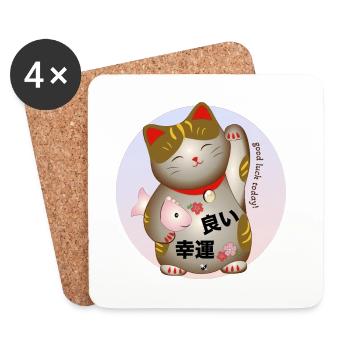 Winkende japanische Katze Abbildung mit Inschrift - Untersetzer (4er-Set) - Weiß - Vorne