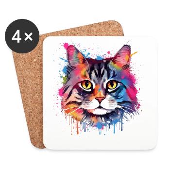 Bunte Splash-Art: Amerikanischer Bobtail-Katzenkopf - Untersetzer (4er-Set) - Weiß - Vorne