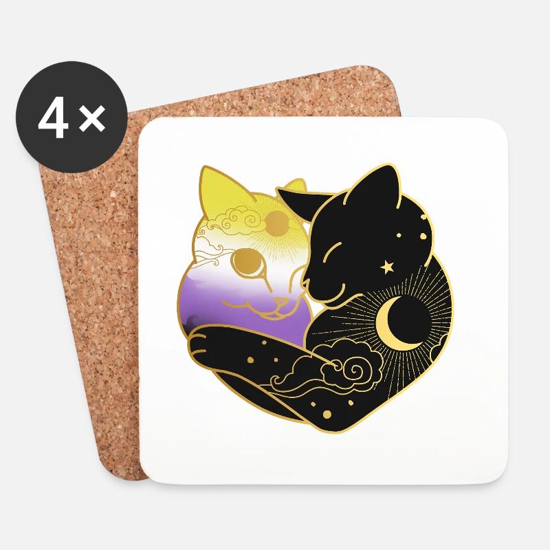 Nonbinary Cat Celestial Heart LGBT Pride Flag - Coasters (set of 4) - white