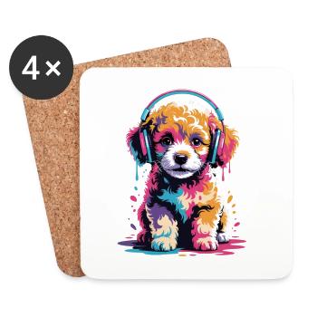 Chiot caniche avec un casque - Dessous de verre (lot de 4) - blanc - Devant