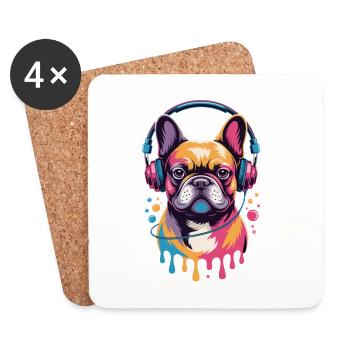 Bouledogue français Frenchie avec des écouteurs - Dessous de verre (lot de 4) - blanc - Devant