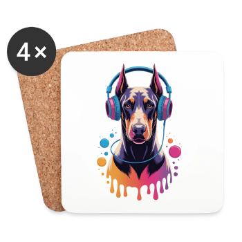 Doberman avec casque - Dessous de verre (lot de 4) - blanc - Devant