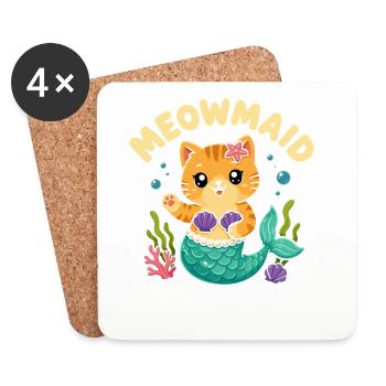 Meowmaid Cute Cat Mermaid Word Game - Coasters (set of 4) - white - Front