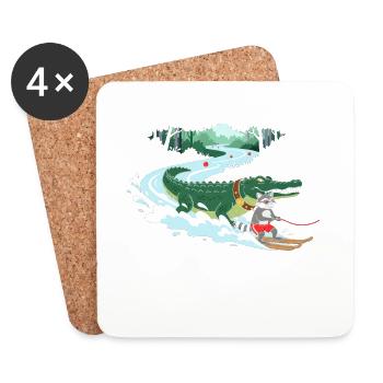 Krokodil Surfer und Katzenbegleiter - Untersetzer (4er-Set) - Weiß - Vorne