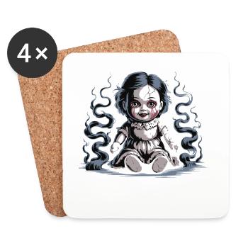 Poupée effrayante avec texte d’avertissement - Dessous de verre (lot de 4) - blanc - Devant