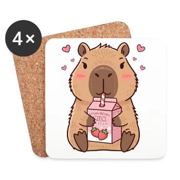 Kawaii Capybara Drinking Japanese Strawberry Milk - Coasters (set of 4) - white - Front