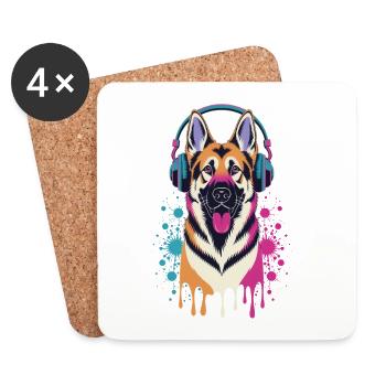 Deutscher Schäferhund mit Kopfhörer - Untersetzer (4er-Set) - Weiß - Vorne