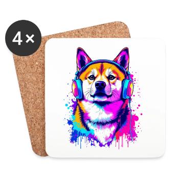 Shiba Inu with headphones - Coasters (set of 4) - white - Front