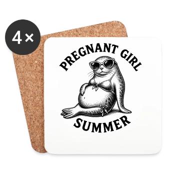 Fille enceinte, été, plage, phoque, drôle - Dessous de verre (lot de 4) - blanc - Devant