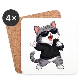 Cute Cat Cartoon Karaoke Singer Musician Comic - Coasters (set of 4) - white - Front