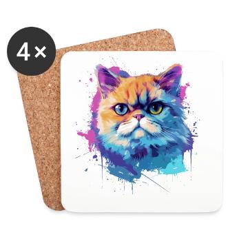 Farbenfrohe, exotische Katzengesicht-Splash-Art - Untersetzer (4er-Set) - Weiß - Vorne