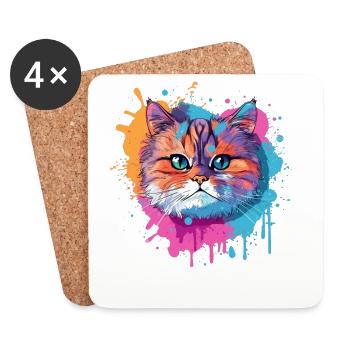 Exotic Shorthair Cat Face Colorful Splash Art  - Coasters (set of 4) - white - Front