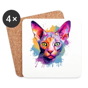 Bunte Splash Art: Cornish Rex Katzengesicht - Untersetzer (4er-Set) - Weiß - Vorne