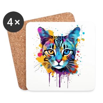 Visage de chat Mau égyptien avec des éclaboussures colorées - Dessous de verre (lot de 4) - blanc - Devant