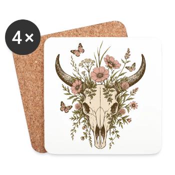 Floraler Longhorn-Schädel - Untersetzer (4er-Set) - Weiß - Vorne