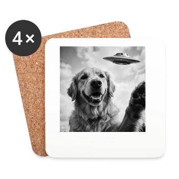 Funny Golden Retriever Dog with UFO Alien - Coasters (set of 4) - white - Front