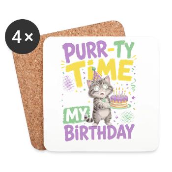 Purr-ty Time Birthday Cat Party Hat Kitten - Coasters (set of 4) - white - Front