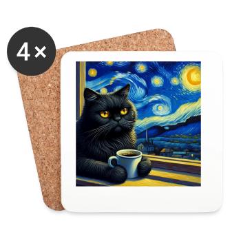 Nuit étoilée du chat noir - Dessous de verre (lot de 4) - blanc - Devant