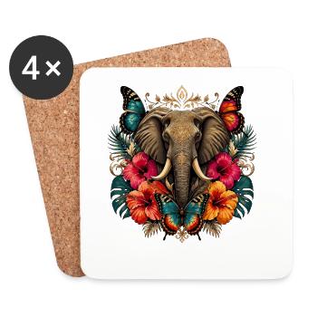 Ornement d’éléphant avec des papillons - Dessous de verre (lot de 4) - blanc - Devant