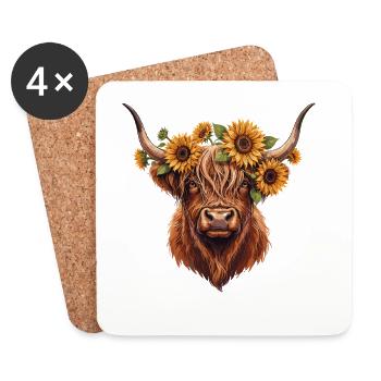 Sonnenblumenkranz am Highland-Rind - Untersetzer (4er-Set) - Weiß - Vorne