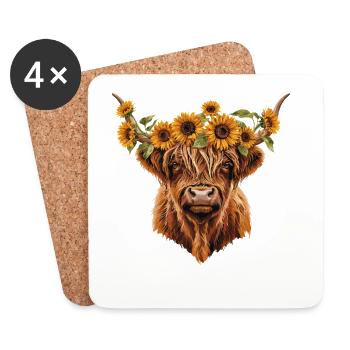 Vache des Highlands en couronne de tournesol - Dessous de verre (lot de 4) - blanc - Devant