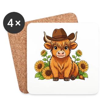 Veau avec un chapeau occidental avec des tournesols - Dessous de verre (lot de 4) - blanc - Devant