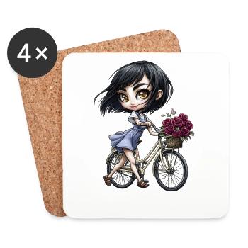 Girl with Bicycle – Cute Chibi Design with Roses - Coasters (set of 4) - white - Front