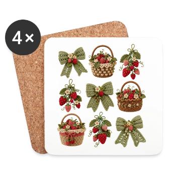 Crochet Strawberry Baskets - Coasters (set of 4) - white - Front