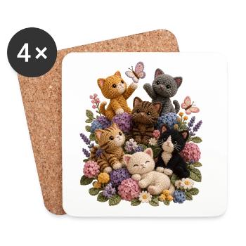Crochet Cats in Floral Garden - Coasters (set of 4) - white - Front