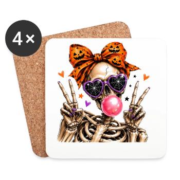 Squelette d'Halloween avec un nœud orange - Dessous de verre (lot de 4) - blanc - Devant