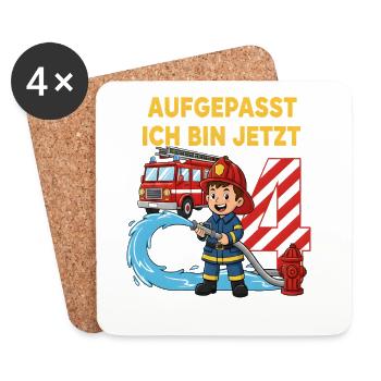 Aufgepasst Ich Bin Jetzt 4 Feuerwehr Geburtstag - Untersetzer (4er-Set) - Weiß - Vorne