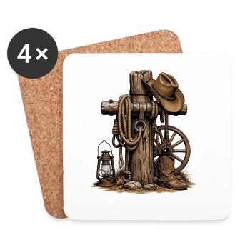 Western Rustic Post, Lasso and Hat - Coasters (set of 4) - white - Front