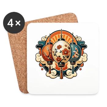 Chinese lanterns with flowers and koi - Coasters (set of 4) - white - Front