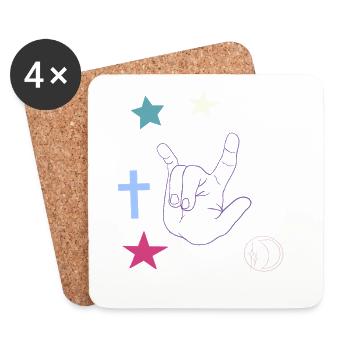 Signe de la main avec croix, étoiles et lune - Dessous de verre (lot de 4) - blanc - Devant