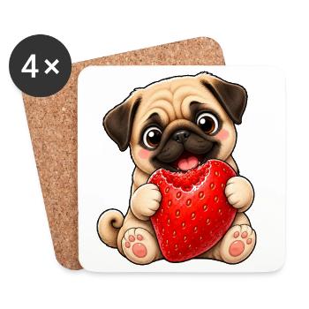 Süßer Mops im Sommer mit Erdbeeren Cartoon - Untersetzer (4er-Set) - Weiß - Vorne