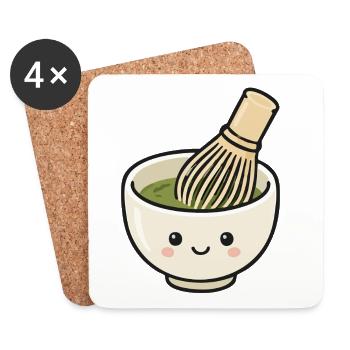 Süße Kawaii-Matcha-Schüssel mit Schneebesen - Untersetzer (4er-Set) - Weiß - Vorne