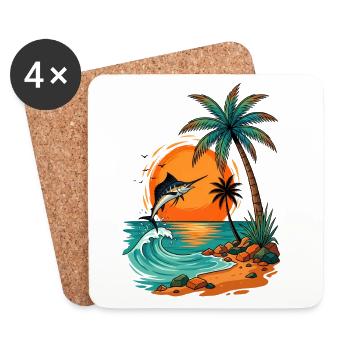 Jumping Fish at Tropical Sunset Palm Sea Beach - Coasters (set of 4) - white - Front