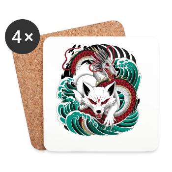 Renard et Dragon Kitsune japonais - Dessous de verre (lot de 4) - blanc - Devant
