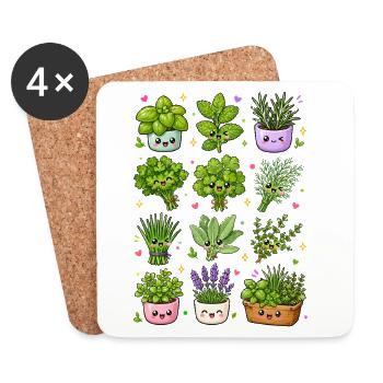 Kawaii Kräuter | Küche & Kräutergarten - Untersetzer (4er-Set) - Weiß - Vorne